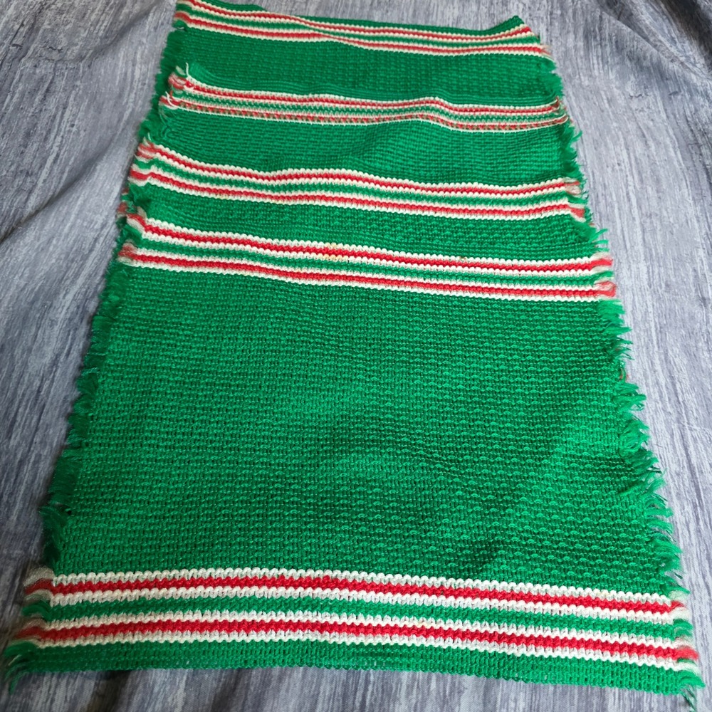 Hand Knitted Green Red White‎ Stripe Placemats x4 Christmas Holiday